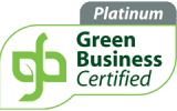 A badge with a green leaf-like design and the text “Platinum Green Business Certified” indicating a high level of environmental certification.