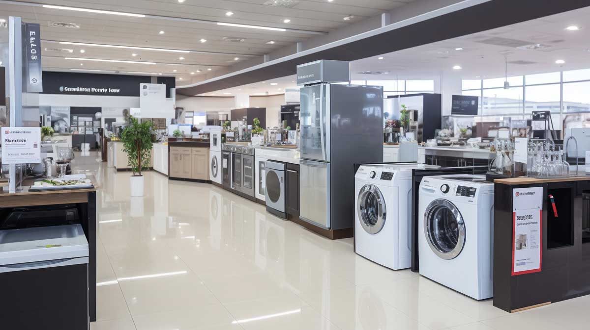 A modern appliance store interior with washing machines, refrigerators, ovens, and kitchen appliances displayed on shiny tile floors under bright lighting.