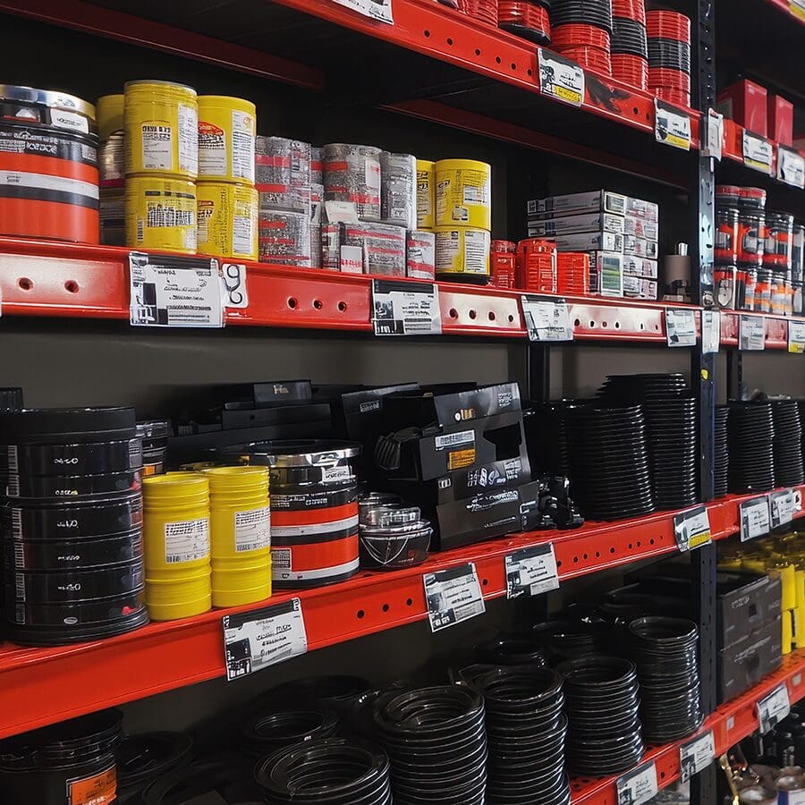 Shelves stocked with various black, yellow, red, and silver automotive parts and containers, neatly organized and labeled in a store or warehouse setting.