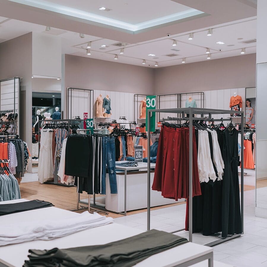 Clothing store interior with racks of colorful dresses, skirts, and shirts neatly displayed. Sale signs showing discounts are visible throughout the modern, well-lit space.