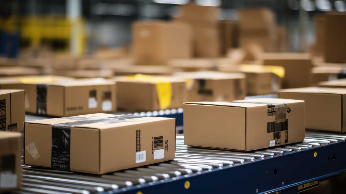 A conveyor belt carries multiple cardboard boxes of various sizes in a warehouse or distribution center, with more packages and shelving visible in the blurred background.