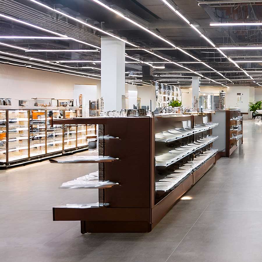 Modern store interior with neatly organized shelves displaying dishware and kitchen items. Bright lighting reflects off the tiled floor and glass surfaces, creating a clean and spacious atmosphere.