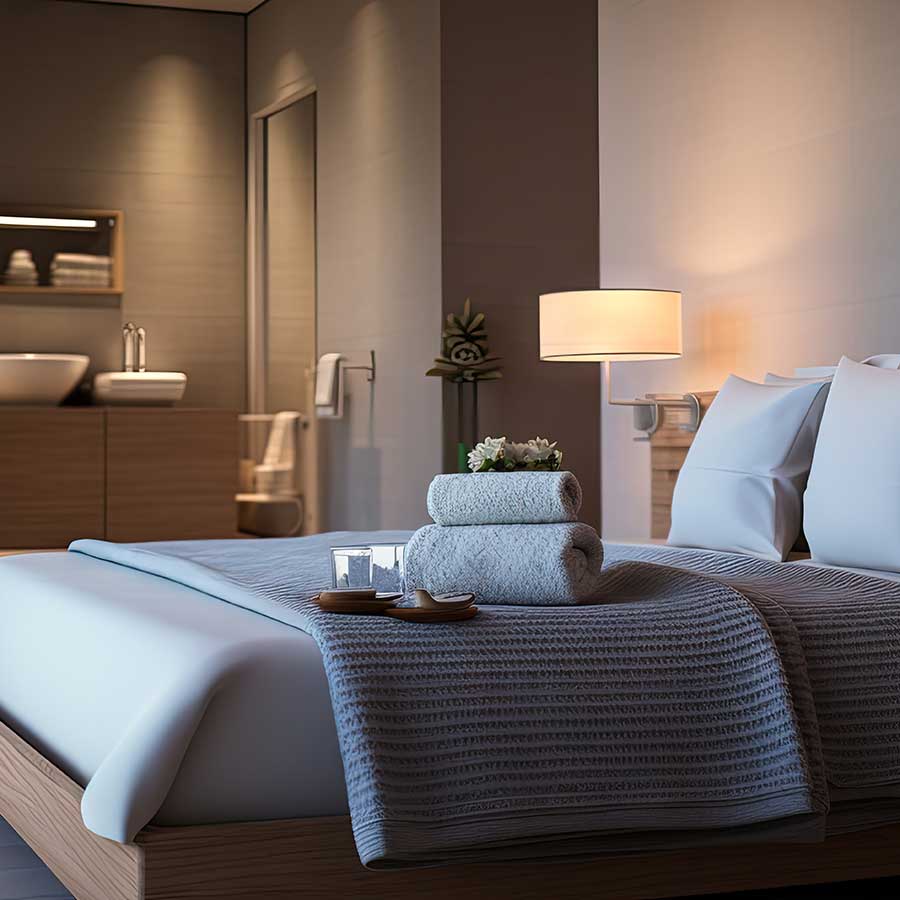 A modern, cozy hotel room with a neatly made bed, folded towels, candles, and a flower tray on top. Soft lighting and a stylish bathroom with a sink are visible in the background.