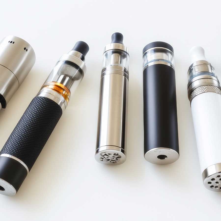 Five modern vape pens with various metallic and textured finishes are arranged side by side on a white surface, showcasing different designs and mouthpieces.