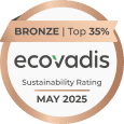 Circular badge with a bronze ribbon reading BRONZE | Top 35%. Below, the text ecovadis Sustainability Rating MAY 2025 is displayed, indicating a sustainability award.
