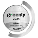 A silver 2024 Greenly Climate Strategy Rating badge, labeled Silver, Top 15%, featuring a globe design and green accents on the word greenly.